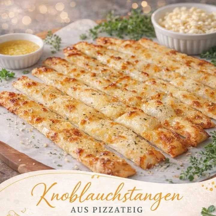 Knoblauch Butter Stangen frisch aus dem Ofen mit Kräutern dekoriert