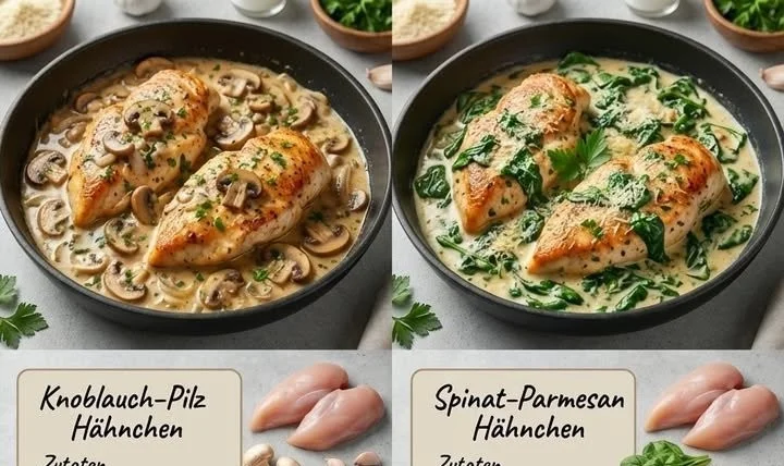 Leckeres Knoblauch-Pilz Hähnchen auf einem Teller serviert