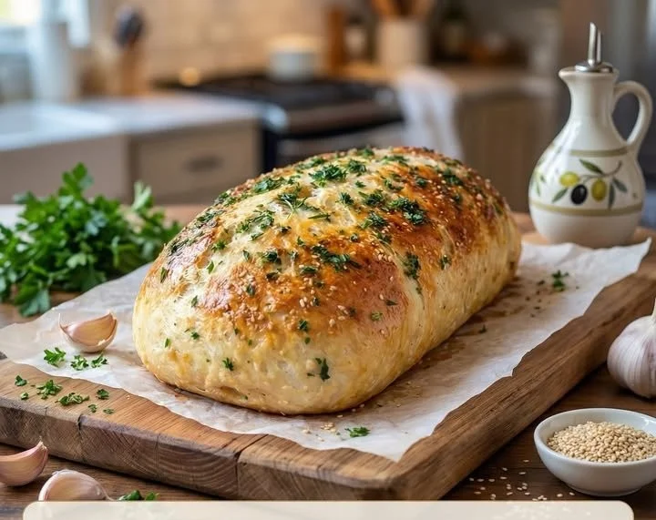 Rezept für Knoblauchbrot ohne Kneten mit knuspriger Kruste und aromatischem Geschmack