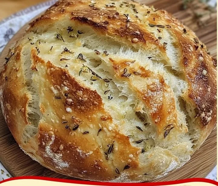 Knoblauchbrot ohne Kneten auf einem Holzbrett serviert