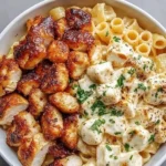 Knoblauchbutter-Hähnchenbissen serviert mit Parmesan-Pasta, ein köstliches Rezept.