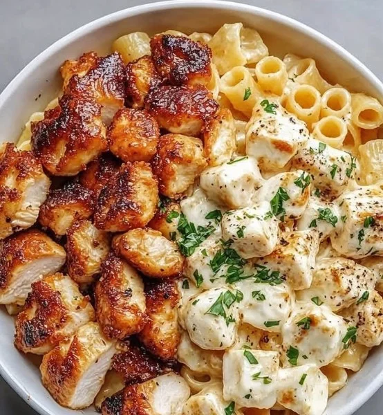 Knoblauchbutter-Hähnchenbissen serviert mit Parmesan-Pasta, ein köstliches Rezept.