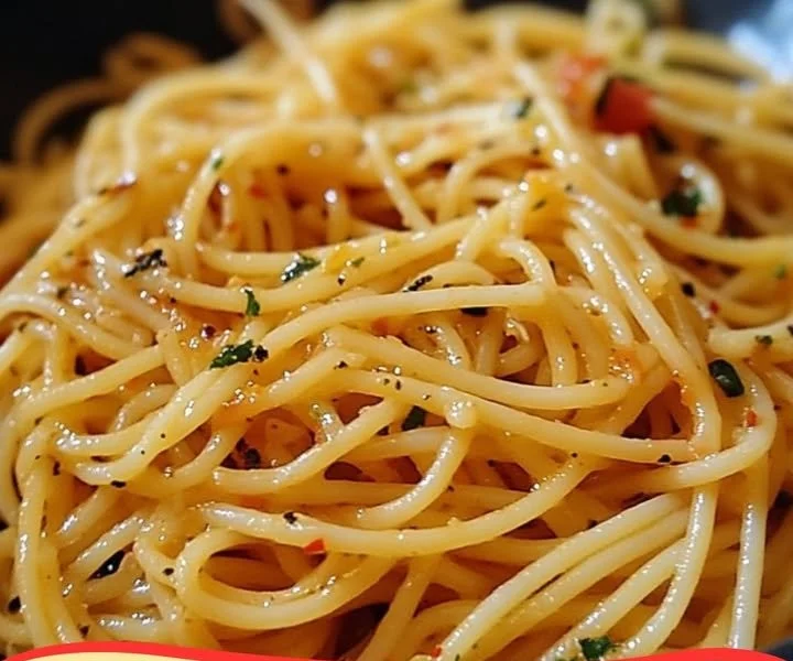 Eine Schüssel mit Knoblauchspaghetti, garniert mit frischen Kräutern.