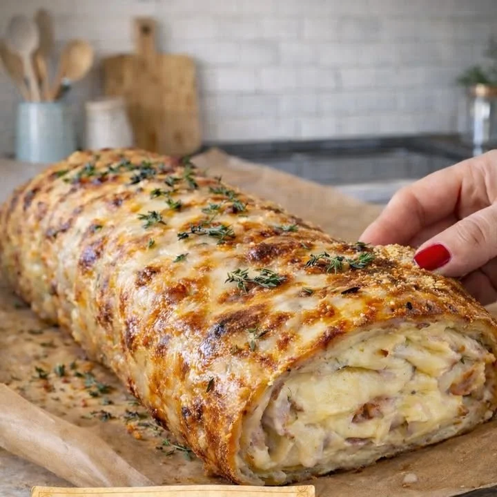 Knusprige Blätterteigrolle mit Schinken und Käse auf einem Teller serviert.