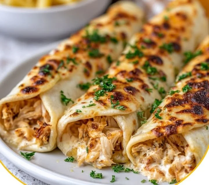 Knusprige Cheddar-Hähnchen-Wraps mit Knoblauch und Parmesan auf einem Teller