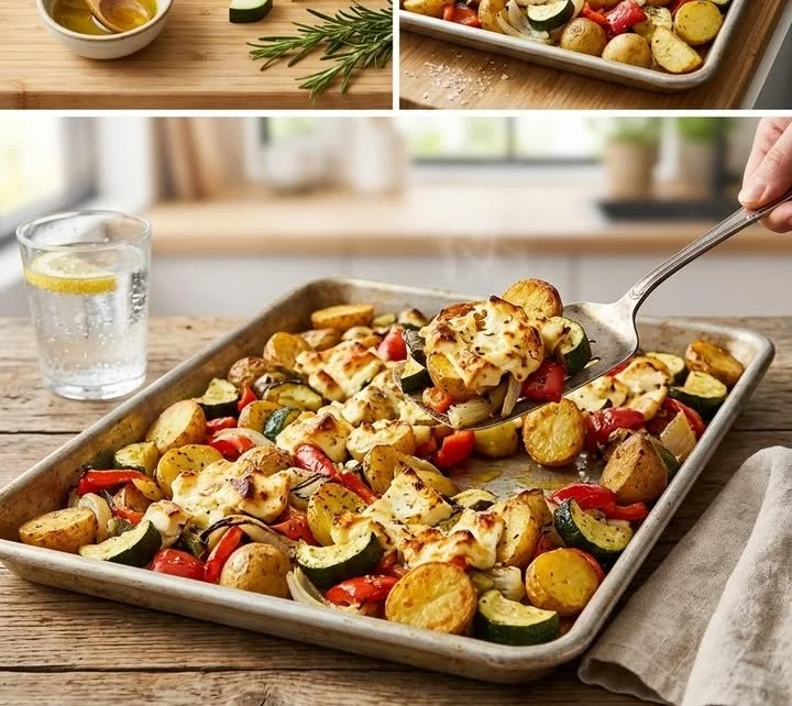 Knusprige Feta-Kartoffeln mit buntem Ofengemüse auf einem Teller
