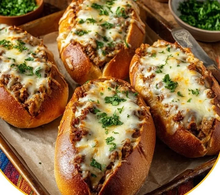 Knusprige überbackene Hackfleisch-Baguettes auf einem Teller serviert