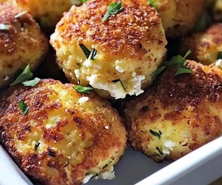 Knusprige Zucchini-Feta-Bällchen auf einem Teller serviert.