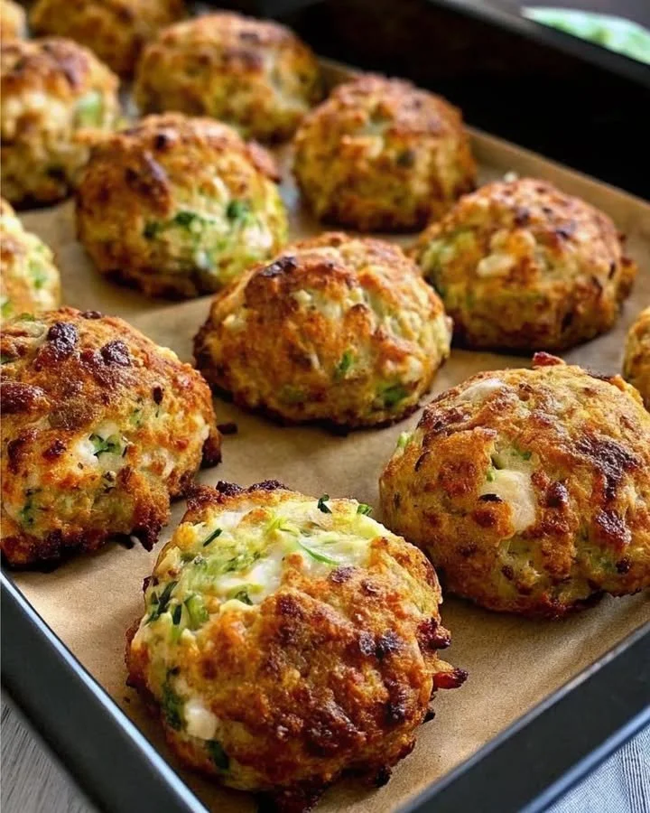 Knusprige Zucchini-Feta-Bällchen frisch aus dem Ofen auf einem Teller