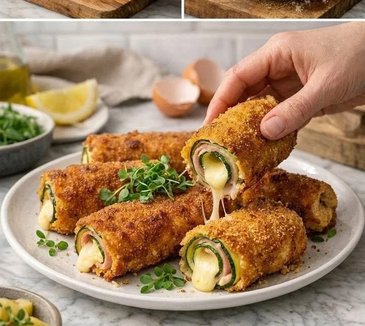 Knusprige Zucchini-Röllchen mit Schinken und Käse auf einem Teller.