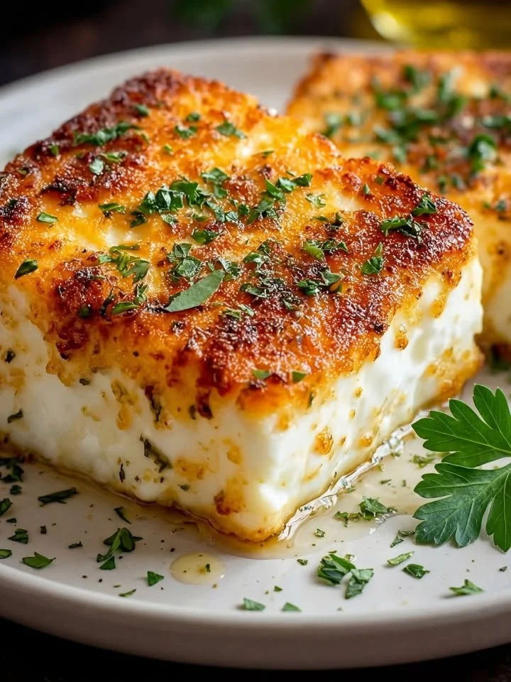 Knuspriger Feta im Airfryer serviert auf einem Teller