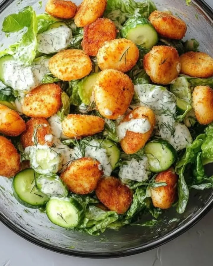 Knuspriger Gnocchi-Salat mit Joghurt-Dressing auf einem Teller serviert.