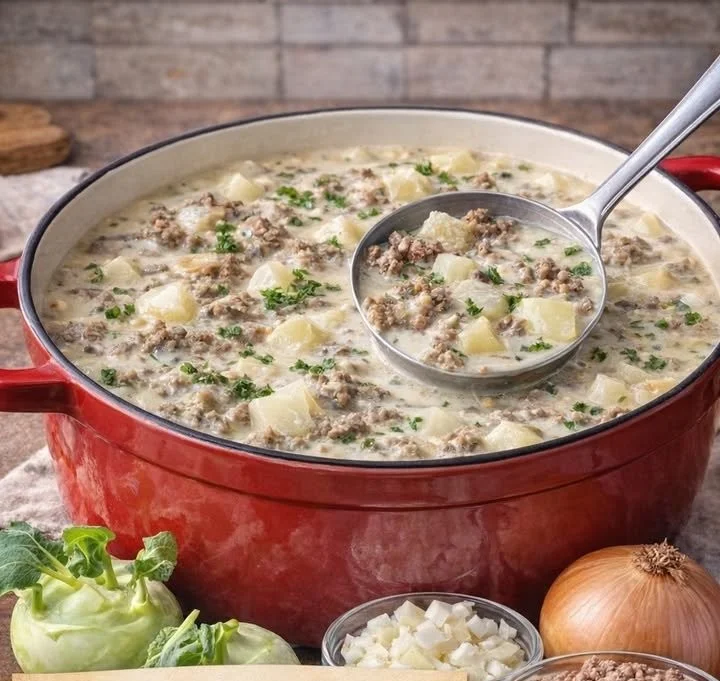 Gesunde Kohlrabi-Hack-Suppe in einer Schüssel mit frischen Kräutern