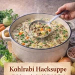 Schüssel mit frisch zubereiteter Kohlrabi Hacksuppe auf einem Holztisch