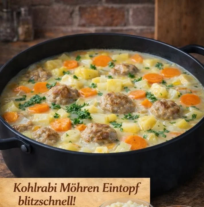 Kohlrabi-Möhren-Eintopf in einem Topf auf dem Tisch