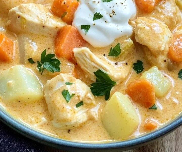 Gesunde Kohlrabi-Möhren-Hähnchen-Pfanne auf einem Teller serviert.