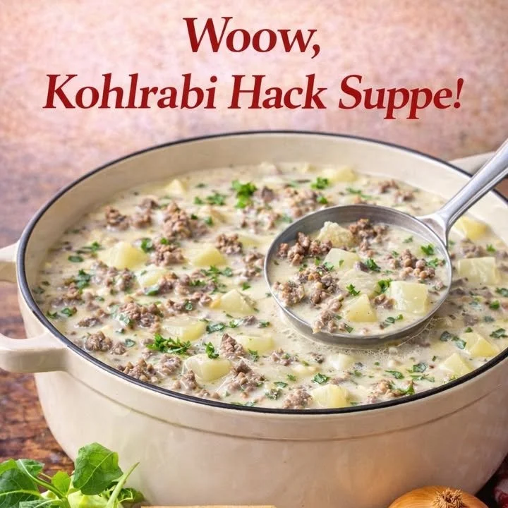 Kohlrabisuppe mit Hackfleisch in einer Schüssel serviert