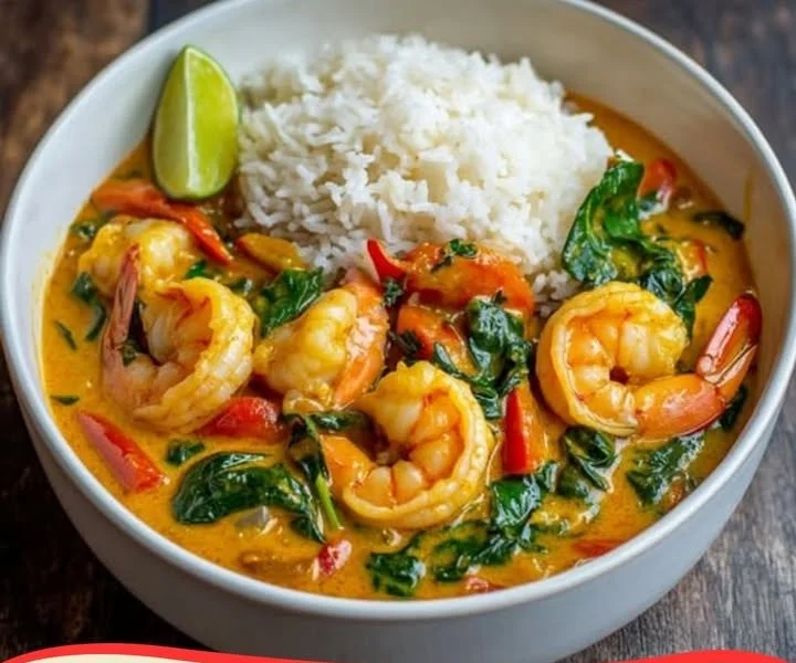 Kokos-Garnelen-Curry mit Jasminreis, serviert auf einem Teller