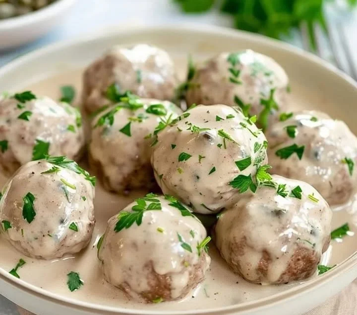 Königsberger Klöpse nach Uromas Rezept serviert mit Sauce und Kartoffeln