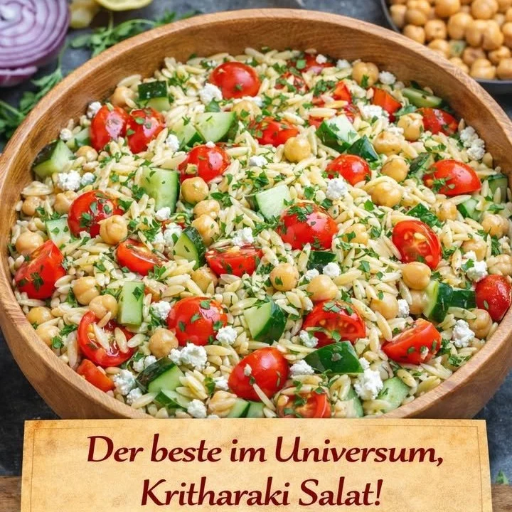 Kritharaki Feta Salat mit frischem Gemüse und Feta-Käse