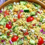 Kritharaki-Salat mit Feta in einer bunten Schüssel