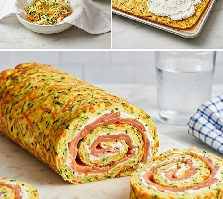 Lachs-Gemüse-Rolle mit frischem Gemüse und zartem Lachs auf einem weißen Teller.