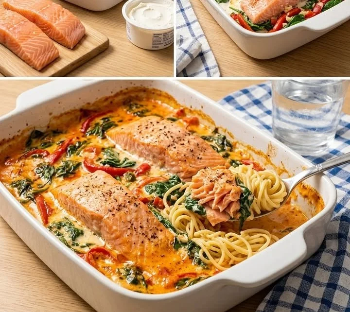 Lachs-Paprika-Auflauf mit frischen Zutaten im Ofen zubereitet