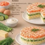 Delicious Lachsschichttorte recipe with layers of salmon and cream.
