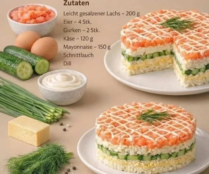 Delicious Lachsschichttorte recipe with layers of salmon and cream.