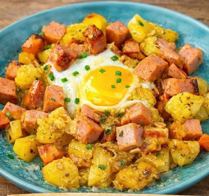 Leberkäse-Kartoffelauflauf mit Spiegelei auf einem Teller angerichtet