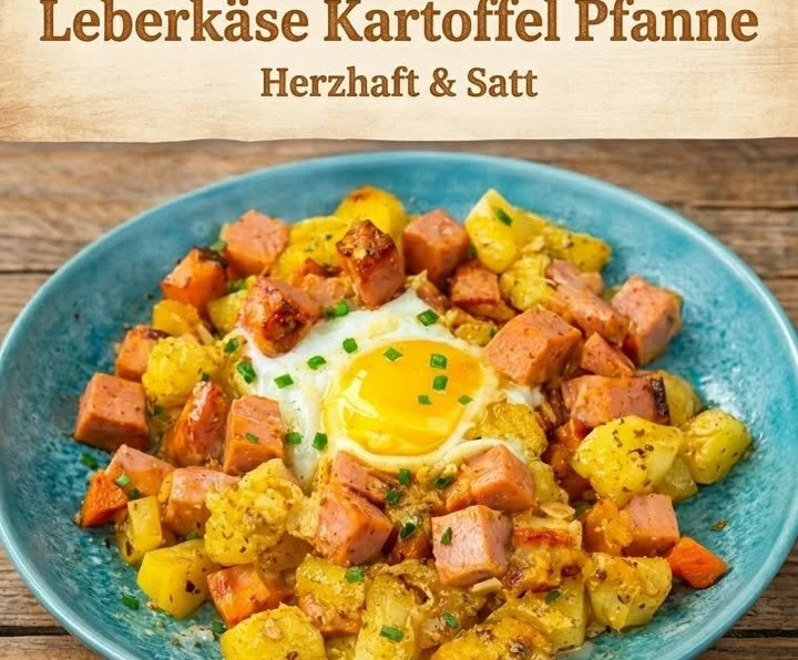 Leberkäse mit Kartoffeln und Ei auf einem Teller serviert