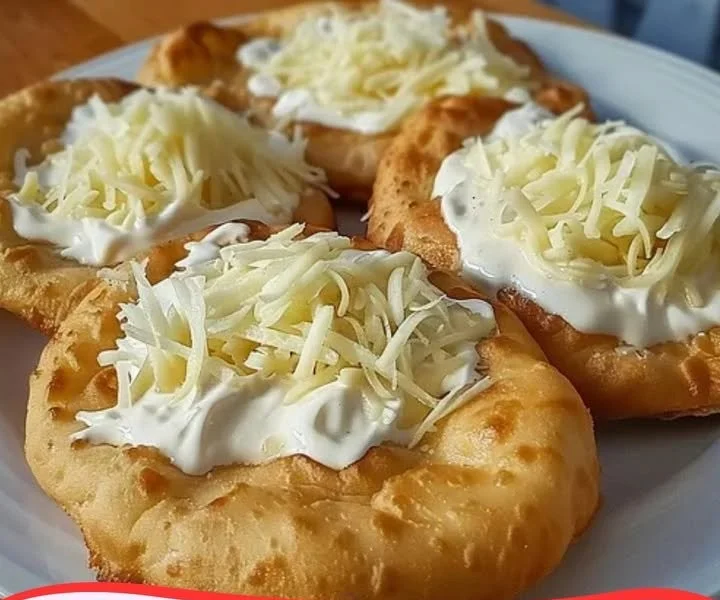 Leckere Langos mit Knoblauchcreme und Käse auf einem Teller serviert