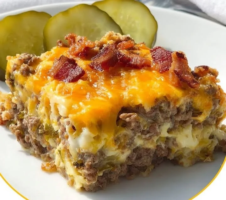 Low Carb Cheeseburger Casserole mit Käse und Hackfleisch in einer Auflaufform