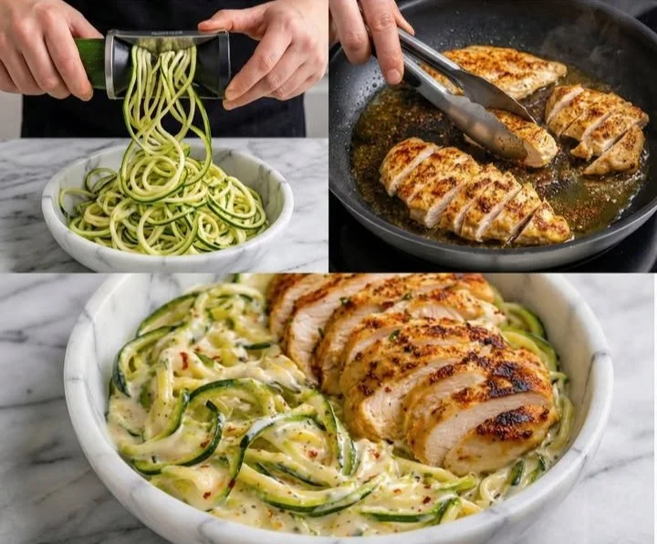 Low-Carb Hähnchenbrust mit cremigen Zucchini-Nudeln auf einem Teller