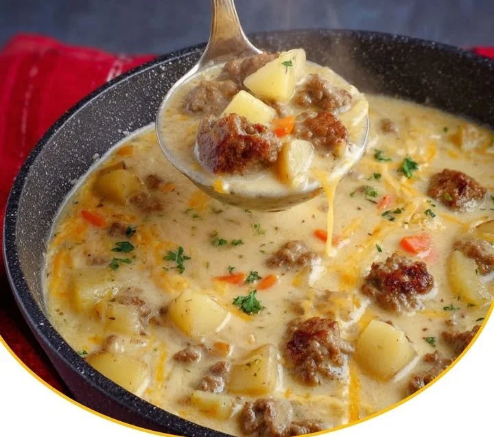 Schüsseln mit Low Carb Kohlrabi-Hack-Suppe auf einem Holztisch