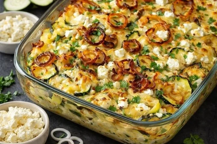 Low Carb Zucchini Auflauf mit Feta in einer Auflaufform