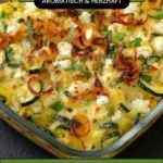 Low Carb Zucchini Casserole mit Feta auf einem Teller serviert