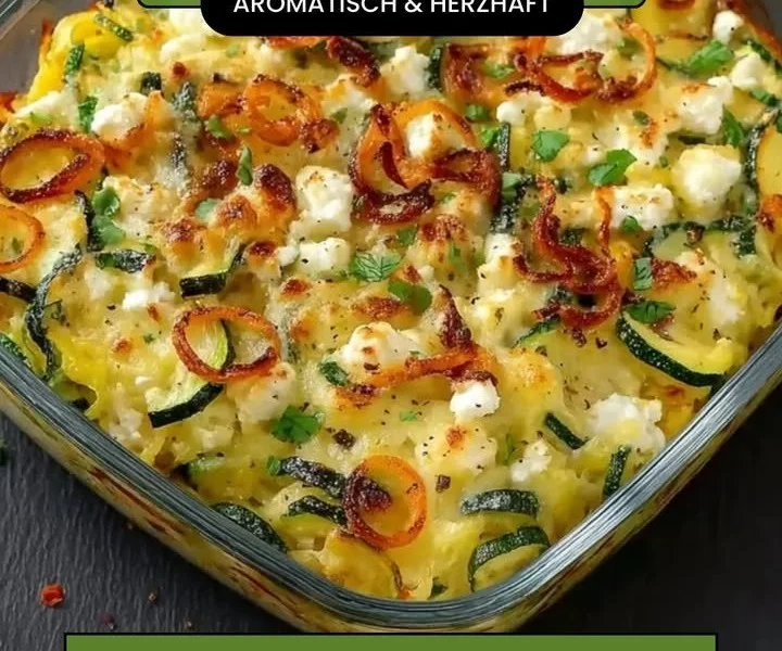 Low Carb Zucchini Casserole mit Feta auf einem Teller serviert