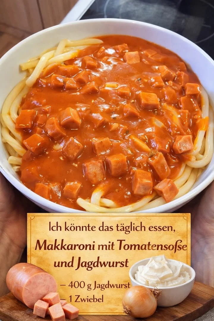 Makkaroni mit Tomatensoße und Jagdwurst