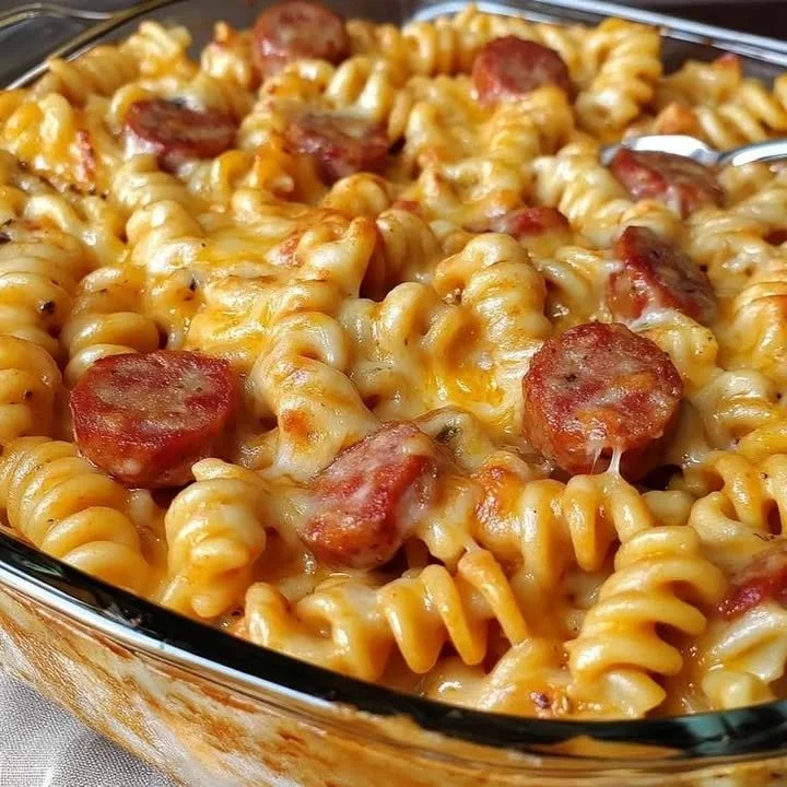 Leckere Makkaroni-Wurst-Pfanne auf einem Teller serviert