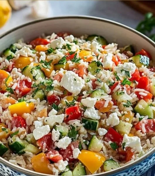 Mediterraner Reissalat mit Feta und frischem Gemüse