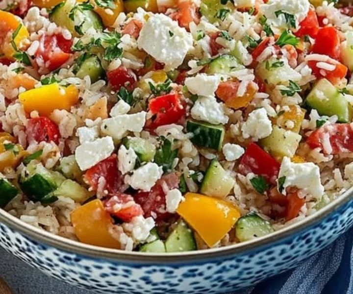 Mediterraner Reissalat mit Feta und Gemüse auf einem Teller