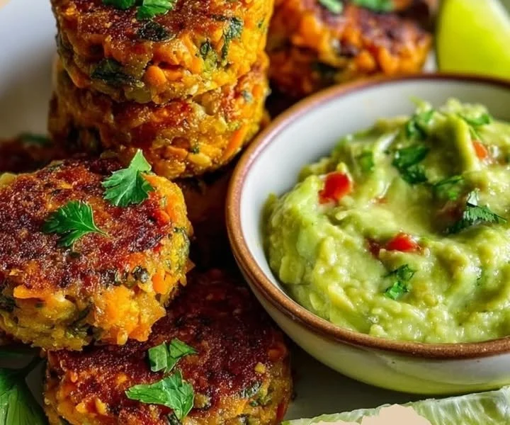 Mini Süßkartoffel-Rote-Linsen-Patties mit Avocado-Koriander-Dip auf einem Teller