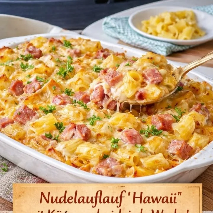 Nudelauflauf 'Hawaii' mit Ananas und Schinken