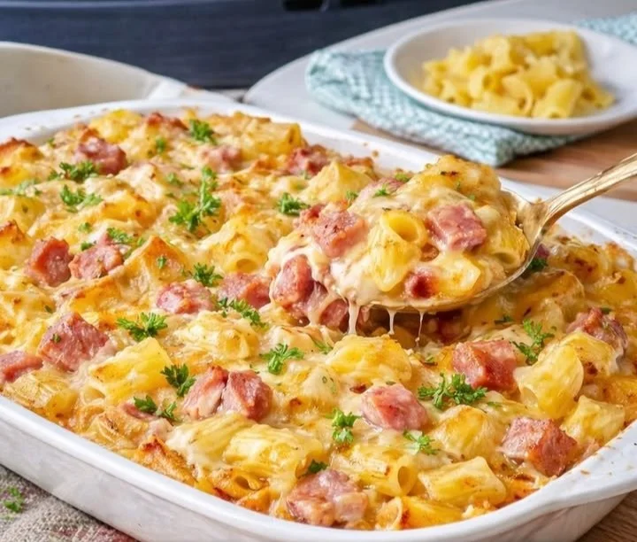 Nudelauflauf 'Hawaii' mit Nudeln, Ananas und Schinken auf einem Teller