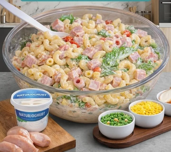 Nudelsalat mit Joghurtsauce auf einem Teller, dekoriert mit frischen Kräutern.