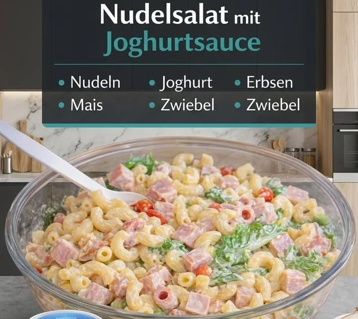 Nudelsalat mit Joghurtsauce in einer bunten Schüssel serviert.