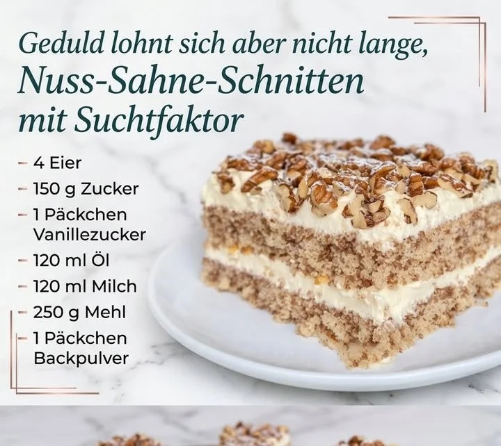 Leckere Nuss-Sahne-Schnitten auf einem hübschen Teller