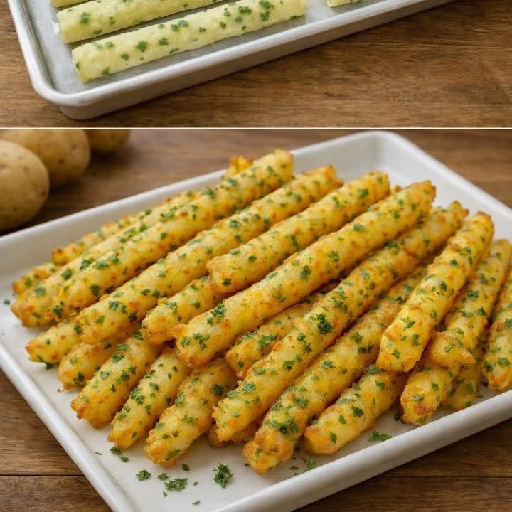 Hausgemachte Ofen-Kartoffelsticks frisch aus dem Ofen mit Gewürzen.