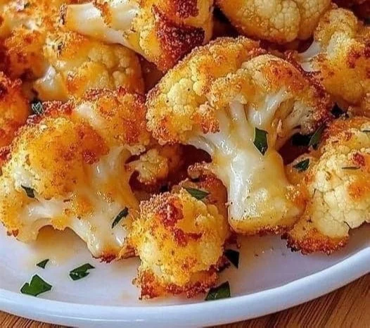 Ofen-Käseblumenkohl gebacken mit rassigem Käse und frischem Gemüse.